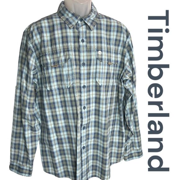 Timberland Men's Blue Button Down Hydro Blocker Long Sleeve Checkered Shirt Sz L - Picture 2 of 12